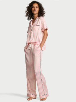 Glazed Satin Short-Sleeve Long Pajama Set