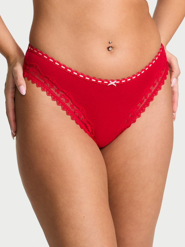 Cotton Bow Lace-Trim Thong Panty