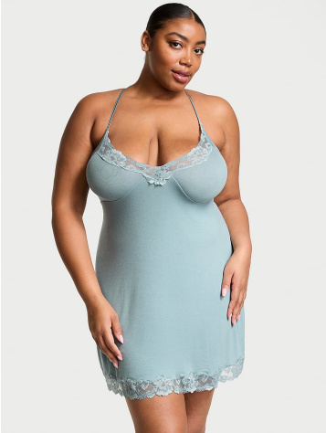 Ribbed Modal & Lace Cross-Back Slip Dress