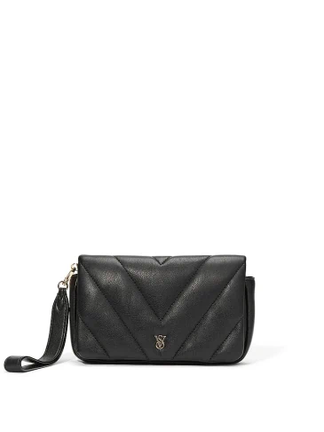 Front view of a Victoria's Secret black phone bag on a light grey background.