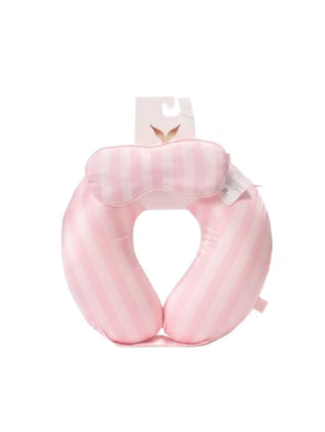 Victoria's Secret signature stripe 2-piece in-flight travel accessories set on a light grey background.
