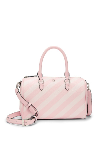 Front view of a Victoria's Secret signature stripe mini duffle crossbody bag on a light grey background