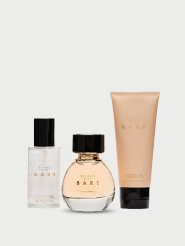Victoria's Secret Bare cosmetic gift set on a light grey background