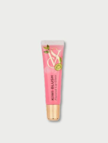 Victoria's Secret pink flavored lip gloss tube on a light grey background