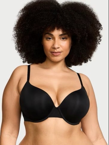 Woman posing in a Victoria's Secret black full coverage bra on a light grey background.