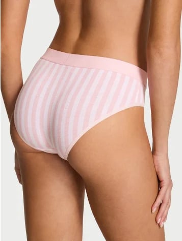 Back view of a woman wearing Victoria's Secret signature stripe hiphugger panties
