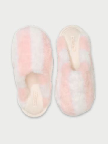 Victoria's Secret signature stripe closed-toe faux fur slippers on a light grey background.